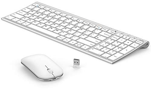 seenda WGJP-031B Wireless Keyboard Mouse Set, Ultra Thin Compact Rechargeable Aluminum Silent Computer Keyboard & Mouse Combo UK QWERTY Layout for Office, Home, Business, Silver White