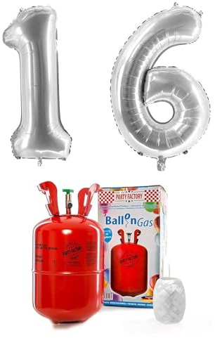 Party Factory – Helium Gasflasche 200L im Set mit XXL Zahlenballon 16 Silber – Partydeko Ballongas Flasche mit Folienballon & 40 m weißer Ballonschnur – Einwegflaschen mit Knick-Füllventil