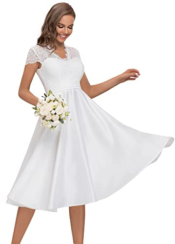 Ever-Pretty Vestiti da Sera Pizzo Maniche Corte Scollo a V Stile Impero Linea ad A Elegante Midi da Donna Bianco 38EU