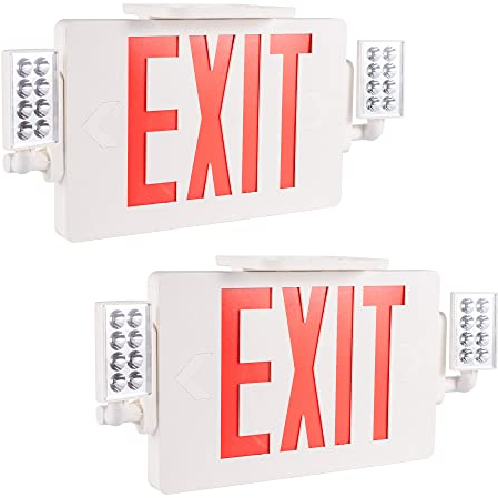Gruenlich LED Combo Exit Sign, Emergency Light with 2 Adjustable Heads and Double Face, Back Up Batteries- US Standard Red Letter EXIT, UL 924 Qualified, 120-277 Voltage, 2-Pack