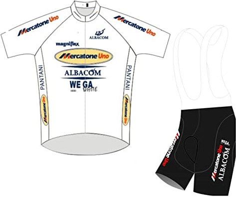 SGCIKER Marco Pantani Pro Team Retro Mercatone Uno bianco maglia da ciclismo set for uomini, manica corta abbigliamento ciclismo bici pantaloncini con bretelle set gel pad (M)