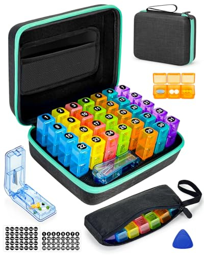 Friwole - Organizador mensual de pastillas 3 veces al día, caja organizadora de medicamentos con carcasa dura portátil y cortador de píldoras, pastillero de 31 días con calcomanía mensual y semanal (3
