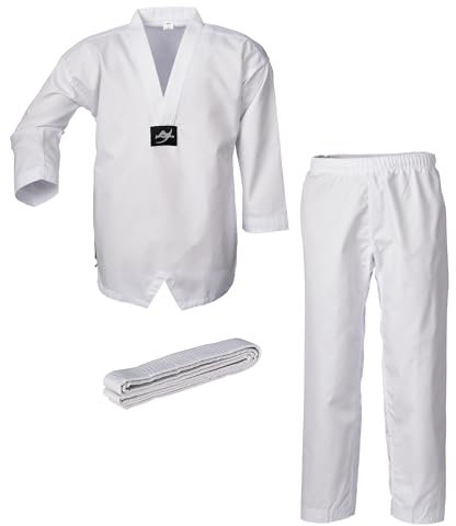 Ju-Sports Taekwondo Anzug Bonsai pro Weiß 140 I Dobok Taekwondo speziell für Kinder & Einsteiger I Taekwondo Kimono inkl. weißem Gürtel I Hose mit Kickzwickel I 100% Baumwolle