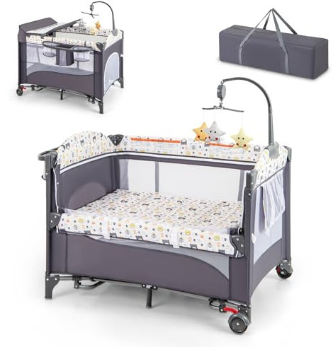 DREAMADE Reisebett mit Matratze, 5 in 1 Beistellbett Baby mit Rollen & Wickelauflage & Spieluhr, 110×76cm Babybett mit Tragetasche, Stubenwagen für Neugeborene & Baby (Bunt)