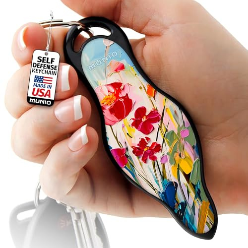 MUNIO Self Defense Keychain – Lightweight, Stylish & Portable Safety Tool for Women & Men – Non-Lethal Kubotan, Easy to Use, TSA Approved – Made in USA – Painted Bloom Design