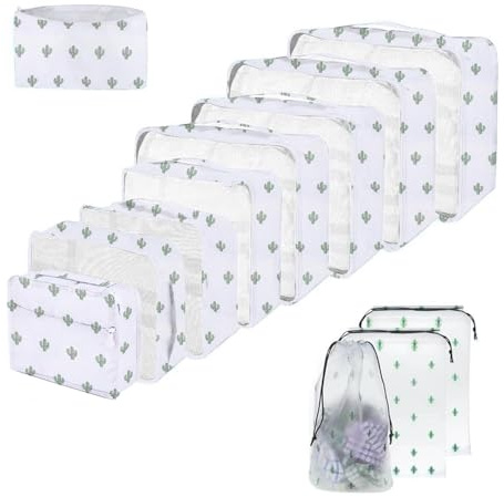 Cubos de embalaje para maleta, 10 tamaños, bolsas organizadoras de maleta, 10 cubos de embalaje de compresión, 12 cactus, L