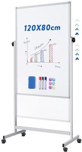 maxtek Höhenverstellbar Mobiles Whiteboard 120 x 80 cm, Doppelseitiges Magnetisches Whiteboard mit Ständer, Trocken Abwischbar für Büro, Klassenzimmer und Zuhause