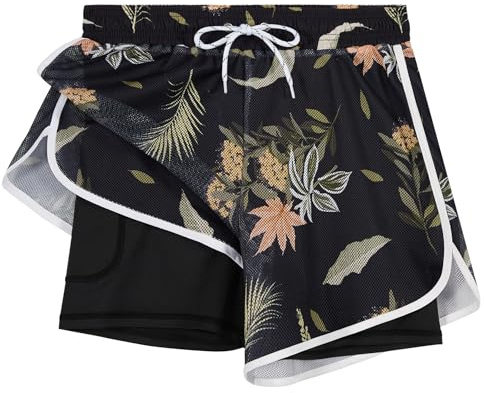 APTRO Short de Bain Femme 2-in-1 Cordon de Serrage Réglable Séchage Rapide Convient pour la Natation, la Plage, Le Yoga Protection UV Multi-Taille Polyvalent Fleurs Noir WK077 M