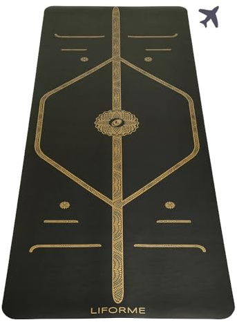 Liforme Travel Yoga mat – Free Yoga Bag, Patented Alignment System, Warrior-like Grip, Non-slip, Eco-friendly and Biodegradable, Ultra-lightweight, Sweat resistant, Long, Wide and Thick (Black & Gold)