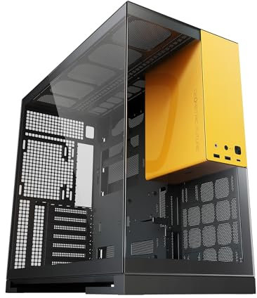 Geometric Future Torre media de vidrio templado M5, caja para juegos E-ATX/ATX, acero de 1.2 mm, tipo C, paneles sin herramientas, soporte de radiador 420/360, cámara doble, negro/amarillo, GEO-M5-BY