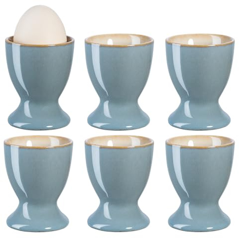 Bluweet Eierbecher 6er Set Muster aus Blau Eierbecher Porzellan aus Steingut mit Eierhalter Zierendem Farbrand Handgetöpfert mit Glänzender Oberfläche 6cm
