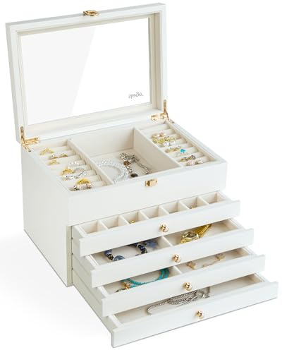 Slege Schmuckkästchen aus Holz,Handgefertigt Schmuckkasten Groß 5 Ebenen,Schmuckschatulle mit 4 Schublade,Schmuck Organizer Glasdeckel,Schmuckaufbewahrung für Ring,Ohrringe,Halsketten, Armbänder,Weiß