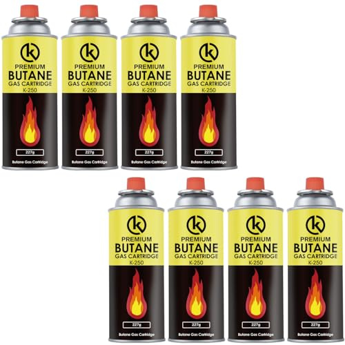 KROWN - Pack de Cartuchos K-250 de Gas Butano 227g para Hornillos Quemadores, Cartucho de Gas para Camping K-250, Bombonas para Sopletes (8 Unidades)