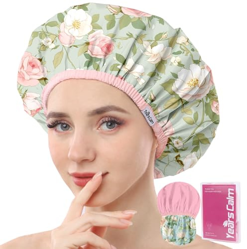 Years calm - Lot de bonnets de douche pour femmes réutilisables et imperméables – Bonnet élastique à double couche avec impression botanique tropicale pour la douche, le spa, les voyages, le bain et