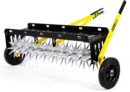 BlumeTrec Aireador de remolque de 40 pulgadas, aireador de césped con 10 púas de acero galvanizado para airear césped, tractor de picos penetradores de suelo con ruedas, barra de remolque extra ancha