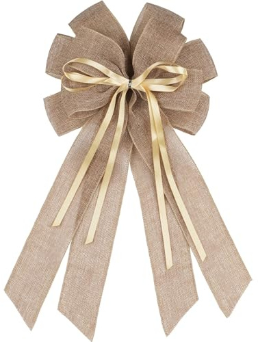 YKW Large Linen Brown Burlap Bow for Wreath 20x11 Inch - Rustic Farmhouse Front Door Decor Tree Topper Fall Autumn Wedding Decorations Indoor Outdoor Ornaments