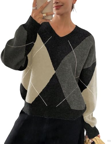 Grovstickad Tröja För Kvinnor, Överdimensionerad, V-ringad Argyle-tröja Med Lång Ärm, Casual(Black Grey,L)