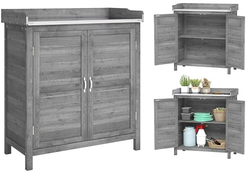 Outsunny Gartenschrank mit Pflanztisch, Holz Geräteschuppen mit verzinkter Arbeitsplatte 2 Regalböden, wetterfest Geräteschrank, Werkzeugschrank Gartenschuppen für Garten Balkon 83 x 40 x 92cm Grau