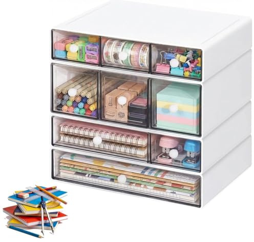 Cajón, organizador de escritorio, caja de almacenamiento con 9 cajones, apilable, multifuncional para artículos de papelería, maquillaje y suministros de manualidades (blanco)