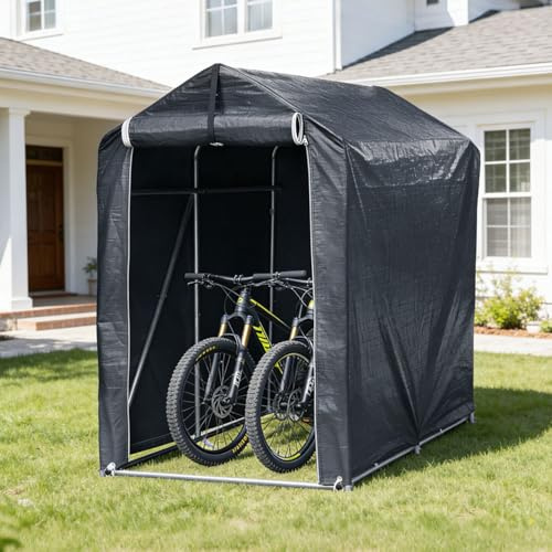Monucep Utrustningsskjul 187 x 165 x 100 cm, väderbeständigt cykelgarage av 160 g PE-presenning, garagetält med galvaniserad stålram, UV-skydd och dragkedjedörr, för 2 cyklar, trädgårdsredskap