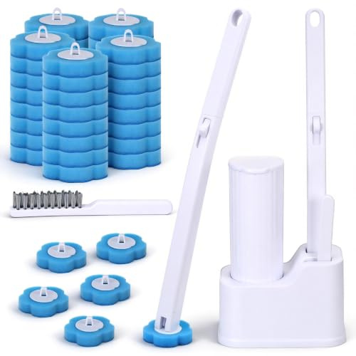 Seivunol Scopino WC Usa e Getta, Set Spazzola per WC con 48 Testine Monouso di Ricambio e 1 Spazzola per Fessure, Scopettino a Muro con un Manico Lungo e un Supporto, per Pulizia WC Lavabo e Vasca