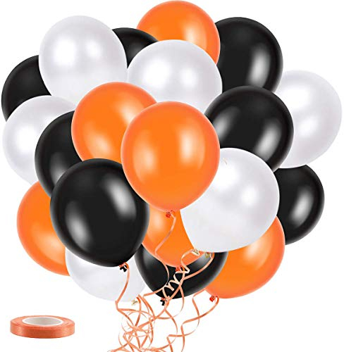 30pzs de Globos de Látex Halloween Decoracion Accesorios, Happy Halloween Globos de Látex Negro, Naranja y Blanco Halloween, Suministros de Decoración para el Hogar Barra Halloween, 1x Cinta Rizadora