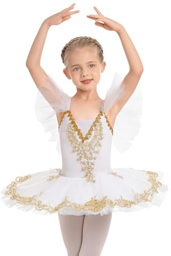 IBAKOM Enfant Filles Robe Ballet Justaucorps lac des cygnes Broderie Dorée Perles Gymnastique Robe Body Vêtements Danse avec Jupe Tutu Blanc 13-14 Ans