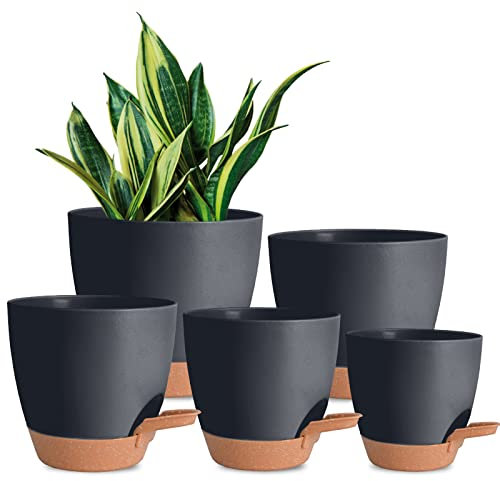Vanslogreen Selbstwässernder Blumentopf 5er-Set, 17.8/16.5/15.2/13.9/12.7cm Pflanzgefäße mit Drainageloch Topf für Zimmerpflanzen, Pflanztöpfe für afrikanische Veilchen, Ochidee, Kräutertopf, Schwarz