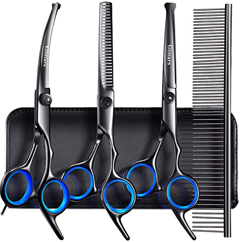 Gimars Hundepflege-Scheren-Set, professionell, 4CR, mit runder Sicherheitsspitze, 5-in-1, robuste, titanbeschichtete Effilier- und gebogene und gerade Schere, Schwarz