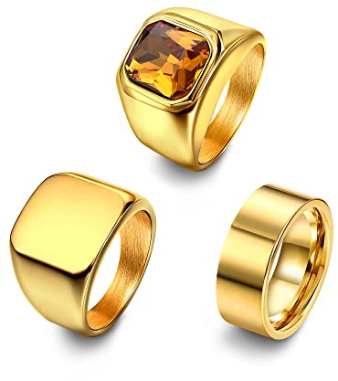 Dochais 3 Anillos de Acero Inoxidable, Oro Negro y Circonio para Caballeros - Anillos Redondos de Sello Elegantes (Oro, 30)