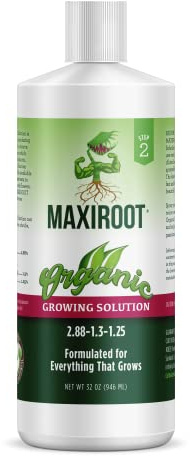 MAXIROOT Organic Growing Fertilizer 32 oz, CDFA Organic Registered. Plant Care Fertilizer for Vegetable Gardens Like Tomato, Cucumber, Squash, Beans and All Other Plants