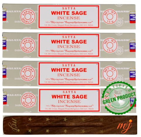Original Satya Nag Champa vit salvia rökelsepinnar | med M&J rökelsehållare | x4-pack | för aromaterapi, spa, yoga, bröllop, meditation, helande, positivitet och avkoppling