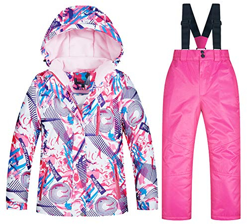 SXSHUN Unisex Kinder Schneeanzug mit Kapuze Skijacke + Skihose 2 teilig Verdickte Atmungsaktiv Skianzug Jungen Mädchen Skioverall Winteranzug, 05+Rosa, 134