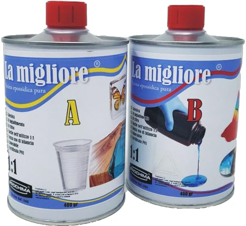PROCHIMA La Migliore, Resina Epossidica Trasparente A + B 1:1, Crea un Effetto Plexyglass che non Ingiallisce, Atossica, Colorabile, Facile da Utilizzare, Cetificata Pn1, 800 GR
