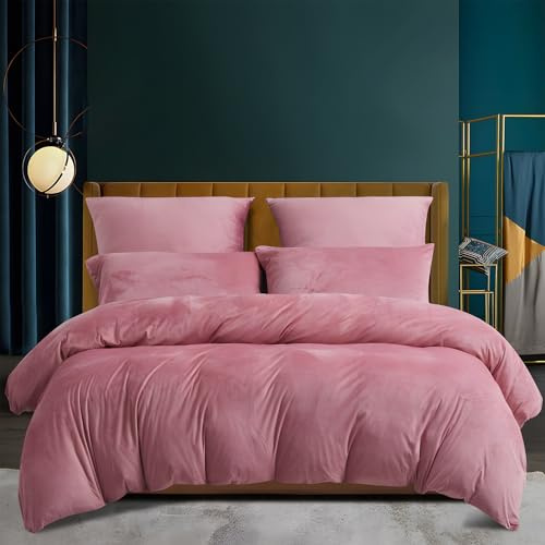 Luowei Ropa de cama cálida de 135 x 200 cm, color rosa, forro polar, funda de edredón y funda de almohada de 80 x 80 cm, con cremallera