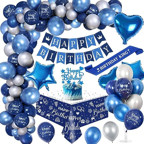 Decorazione di compleanno per uomo, ragazzo, blu argento, palloncini Arch Kit con striscione Happy Birthday, topper per torte, tovaglia, palloncini, sash di compleanno, colore blu e argento