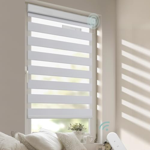 DENFOON Elektrisches Doppelrollo 120cm X 150cm, Klemmträger Für Doppelrollo, Duo Rollo mit Kassette und Fernbedienung, Höhe Stufenlos Verstellbar/Kindersicherung für Fenster