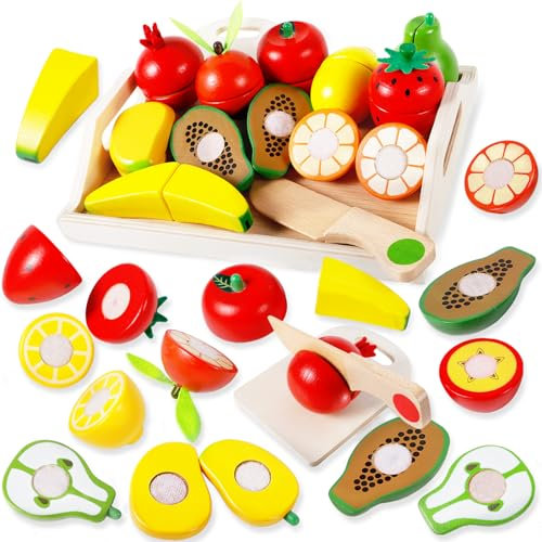 AQXONG 14Pcs Kinder Küchen Spielzeug aus Holz Set, Spielzeugset zum Schneiden von Früchten, Obstspielzeug aus Holz, Geeignet für 3 4 5 6 7 8 Jahre alte Jungen und Mädchenspielzeuggeschenke