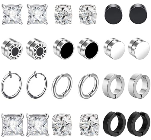 12 Paar Magnet Ohrringe für Männer und Damen - Edelstahl Fake Ohrstecker Nicht Durchbohrt - Magnetische Ohrclips Set Schwarz Silber