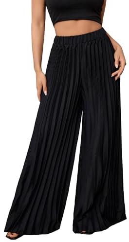 SOLY HUX Women's Wide Leg Palazzo Pleated Pants High Waisted Flowy Loose Dressy Casual Long Trousers Solid Black L