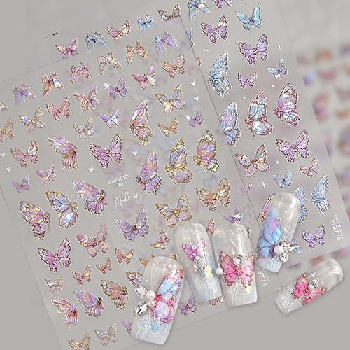 Laser Aurora Shell Butterfly Nail Sticker Rosa Lila Schmetterling Nagelsticker Selbstklebend Muschel Glanz Schmetterling Nagelaufkleber Geprägte Schmetterlinge Deko Aufkleber Nägel Nageldesign Zubehör
