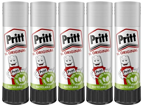 Pritt Glue Sticks (5 Pack, 11g) - 90% Natural Recyclable Strong Hold Adhesive for Home, School, Office Supplies, Kids - Child Friendly Quick-Drying for Paper, Fabric, Art & Crafts