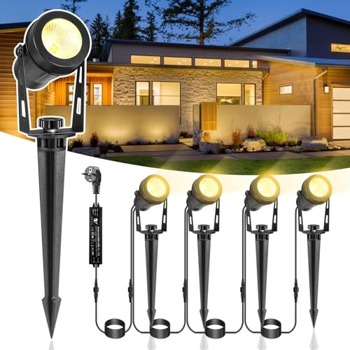 IRISECO Gartenbeleuchtung mit Strom, 4er Gartenstrahler mit Erdspieß, 3W Gartenlampen Warmweiß IP65 Wasserdicht für Rasen, Haus, Hof, Baum, Hinterhof, Terrasse (1200LM)