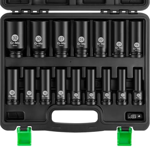 Ginour 17 tlg Schlagschrauber Nüsse Set 1/2 Zoll 10-32mm, CR-Mo 16 tlg Sechskant Kraft Nuss, Stecknuss Set mit 3/8 auf 1/2 Adapter Für pneumatische Schlagschrauber, elektrische Schlagschrauber