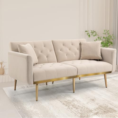 Soft velvet 3-seater design sofa, convertible 3-adjustable sofa bed, sturdy metal leg support, suitable for multiple scenarios living room, bedroom or small space, comfortable for sitting or sleeping