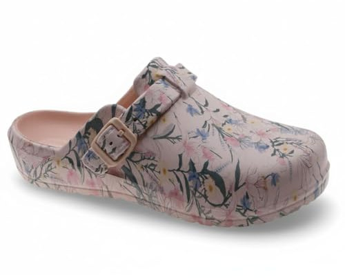 BEPPI Zuecos Comfort de la Marca Pasear y Ocio Comodidad en Cualquier Ocasión Hospital Hogar Cocina e Jardín (Beige con Hojas, Sistema Tallas Calzado EU, Adulto, Mujer, Números, Mediano, 38)