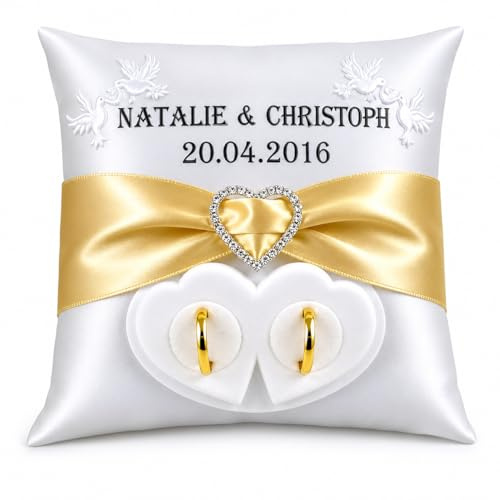 Generisch Cuscino per anelli con nome e data, scatola per fedi nuziali, colore a scelta esclusivo, cuscino per anelli da sposa, nome matrimonio, data, anello da sposa, colore a scelta