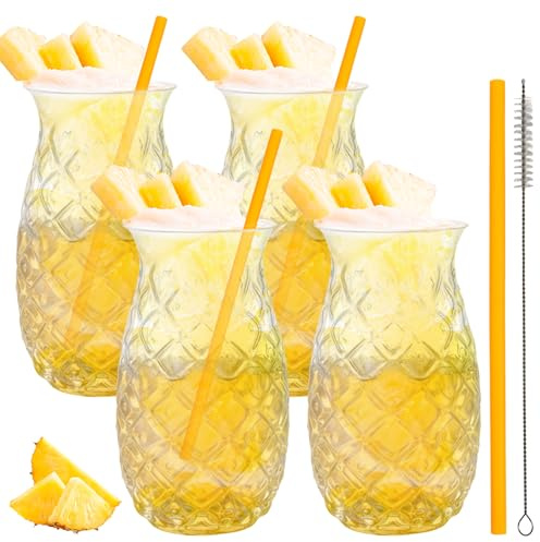 Uppsättning av 4 ananasglas, 480 ml dricksglas i ananas, klar cocktailkopp, transparent festglas, återanvändbara cocktailglas, juiceglas, juiceglas-set för hem, restauranger och fest
