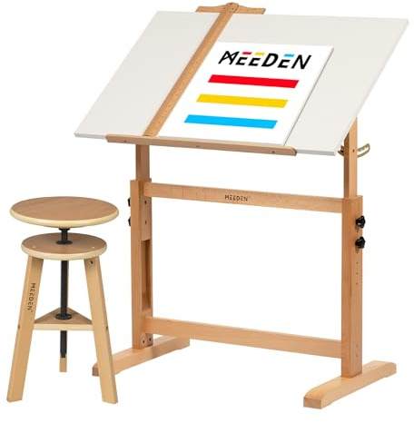 MEEDEN White Board Drafting Table and Stool Set, Height Adjustable Artist Wooden Stool and Craft Table, Tiltable Tabletop of Drawing Desk, Perfect for Writing, Artwork, Artists Studio