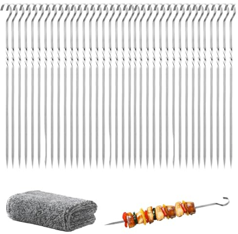 36 Pinchos de Acero Inoxidable de 30 cm, para Barbacoa, con 1 paño de Limpieza, Ideales para Carne, Verduras asados y Camping